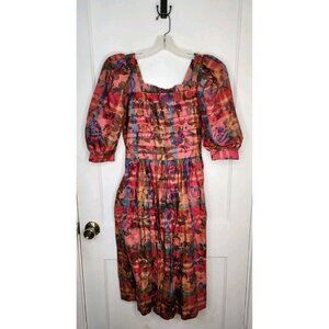 Size Medium Bonnie Boynton Plaid Floral Puff Sleeve Midi Dress Vintage Pockets